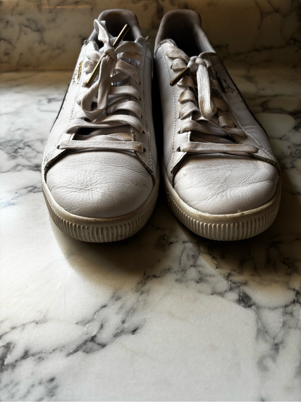 Puma White Leather Low-Top Sneakers with Gold Accents